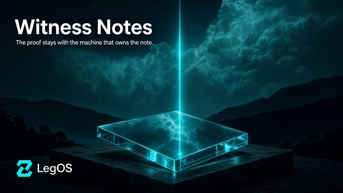 A dark landscape with stormy clouds features a glowing cyan glass block with a laser beam, accompanied by the text "Witness Notes," "The proof stays with the machine that owns the note," and a "LegOS" logo.