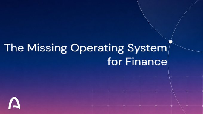 A promotional slide with a blue and purple gradient background displaying the text 'The Missing Operating System for Finance' with a small logo in the bottom left corner.