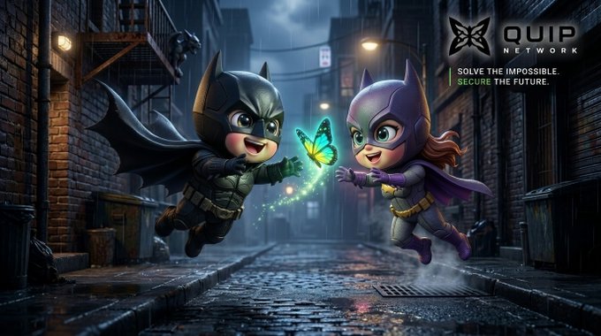 The image features two cartoon characters dressed as Batman and a butterfly with a blue body and green wings, standing together on a city street at night. The text "@quipnetwork" is visible near the bottom of the image, which could be related to the post or an advertisement for Quip Network.