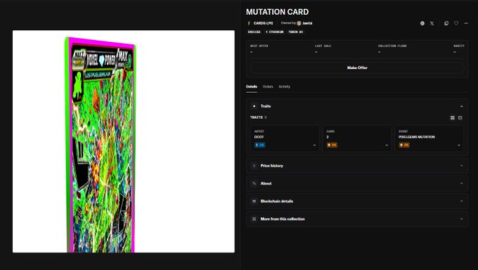 A digital NFT trading interface displays a 'MUTATION CARD' by CANDELA LABS collection, showing trade details with a card number of 2 and a 'PEPE LORDS MUTATION' event, alongside a colorful glitch-art image of the trading card.