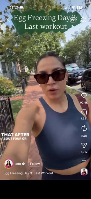 A screenshot of a TikTok video by "aoc" titled "Egg Freezing Day 3: Last workout," showing a woman in a blue sports bra and sunglasses outdoors.