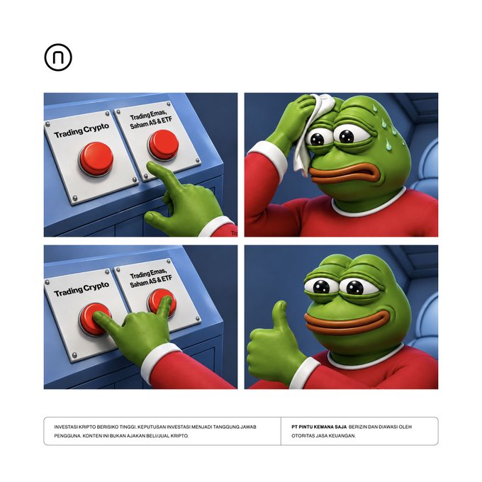 A four-panel illustration shows the Pepe the Frog meme character, sweating nervously while hovering over a choice between two red buttons labeled "Trading Crypto" and "Trading Emas, Saham AS & ETF," before ultimately pointing to both buttons and giving a relieved thumbs up, with a Pintu logo at the top and disclaimer text at the bottom. The comic humorously depicts the dilemma described in the post about whether to invest in crypto or tokenized assets like gold, US stocks, and ETFs—showing that Pintu users no longer have to choose, as both options are available in the app.