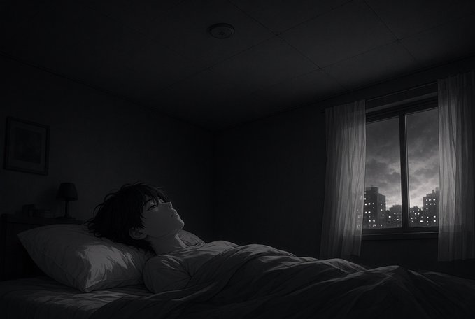 A monochromatic illustration depicts a person lying in bed looking out a window at a city skyline at night.