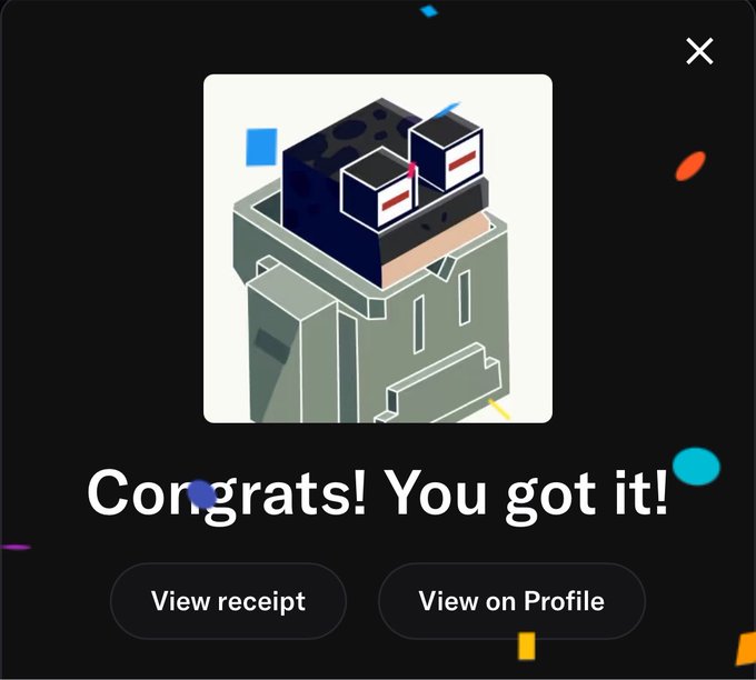 A digital notification screen displays 'Congrats! You got it!' with 'View receipt' and 'View on Profile' buttons alongside an isometric illustration of a vent with two cube-shaped characters on top.