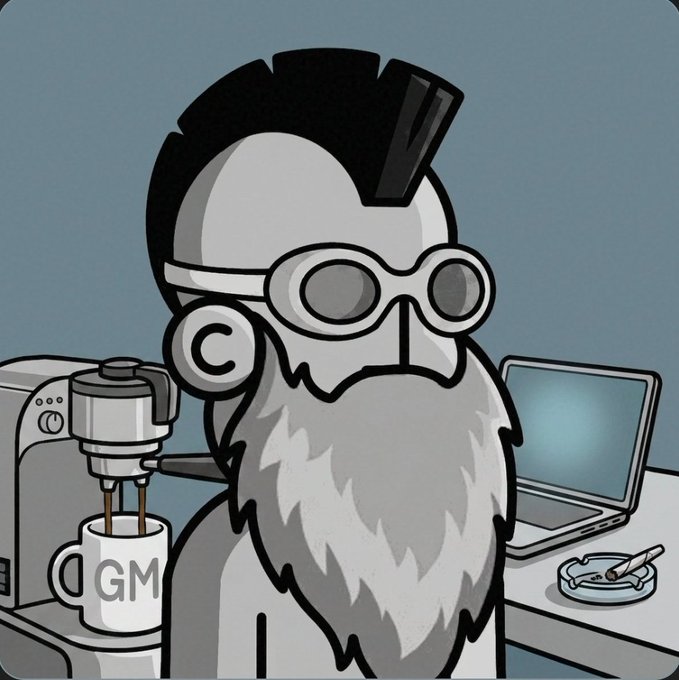 A cartoon illustration of a bearded character with a mohawk and goggles, labeled with a 'C', standing between an espresso machine and a laptop.