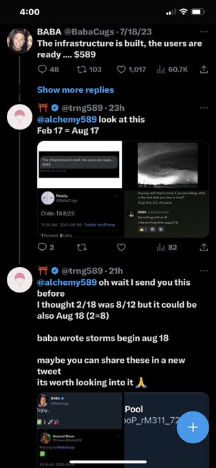 The image shows a Twitter thread where user BABA (@BabaCugs) posted on 7/18/23 stating "The infrastructure is built, the users are ready .... $589," which another user references when discussing XRP price predictions pointing to August/September dates, aligning with the post's forecast of an XRP rally in late August through October 2023.