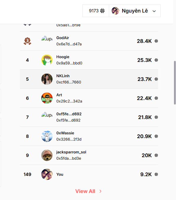 A leaderboard/ranking page showing a user 'Nguyễn Lê' at the top with 9173 points, followed by users like GodAir (28.4K), Hoogie (25.3K), and NKLinh (23.7K), with 'You' ranked 149th with 9.2K.