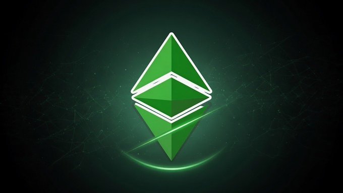 A glowing green 3D Ethereum logo on a dark background with a subtle network pattern.