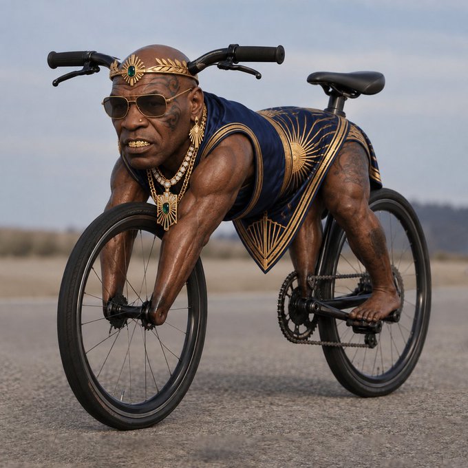 An AI-generated surreal image depicts a muscular figure wearing sunglasses, gold chains, and a blue and gold robe riding a bicycle by gripping its front tire.