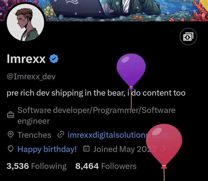 The image features a Twitter post with two balloons floating above it. The balloons are purple and pink, adding a festive touch to the post. Below the balloons, there's text that reads "Happy birthday! 3,360 followers joined me on May 20, 2012". This message is related to the post as it appears to be a birthday celebration or a special occasion for someone who has joined the Twitter account. The image also includes a profile picture of a person with a green shirt and brown hair, which can be seen in the top left corner of the post.