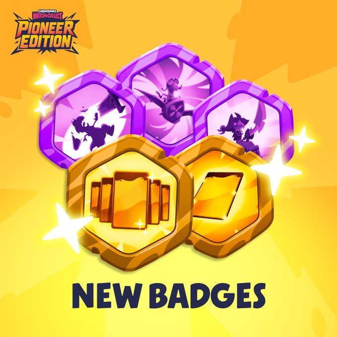 Promotional graphic for "Pioneer Edition" featuring five new hexagonal achievement badges in purple and gold tones with character silhouettes and card icons, announcing "NEW BADGES" to be claimed in the Achievement System with bonus $HEEBOO rewards for completionists after the July 28 mint end date.