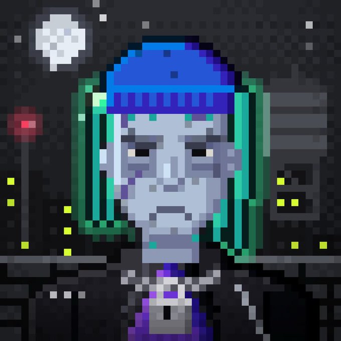 A pixel art portrait of a pale character with teal hair and a blue beanie, set against a dark cityscape background with a moon.