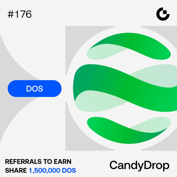 A promotional graphic for the "#176" CandyDrop referral campaign by what appears to be a cryptocurrency exchange, featuring a green ribbon-like design alongside a "DOS" token badge and text reading "REFERRALS TO EARN SHARE 1,500,000 DOS." The image relates to the post by advertising a $DOS token referral rewards program where users can earn a share of a 1,500,000 DOS prize pool (discrepancy with the post's 400,000 figure) by inviting friends who complete trading requirements.