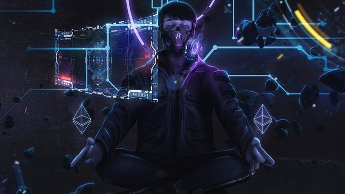 A cyberpunk-style digital illustration of a person in a meditative lotus pose wearing a futuristic jacket, mask, and headphones, surrounded by holographic interfaces and floating asteroids in space.