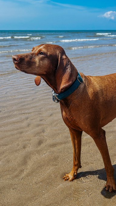 A reddish-brown Vizsla stands on a sandy beach with the ocean in the background, wearing a teal collar with a charm. The image captures the "Cute & Creepy Gang" summer vibe perfectly—a contented pup enjoying sunshine, salt air, and sandy paws by the shore.