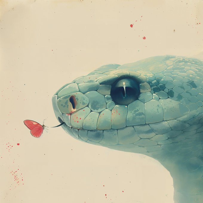 A digital illustration of a teal-colored snake with detailed scales looking at a red butterfly near its tongue, with red splatters scattered across a cream background.