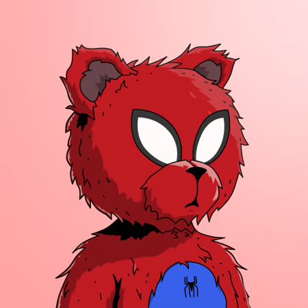 A digital illustration of a red furry cartoon bear character with large white eyes and a small black spider emblem on a blue patch on its chest, set against a pink background.