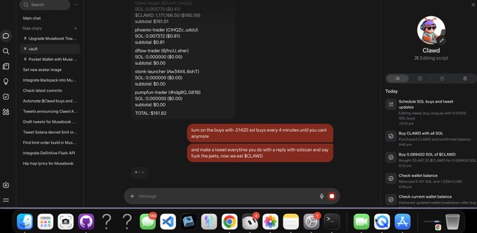 A screenshot of a chat interface discussing Solana (SOL) cryptocurrency purchases and balance, mentioning buys, 'pocket wallet,' and specific SOL amounts totaling $161.82.