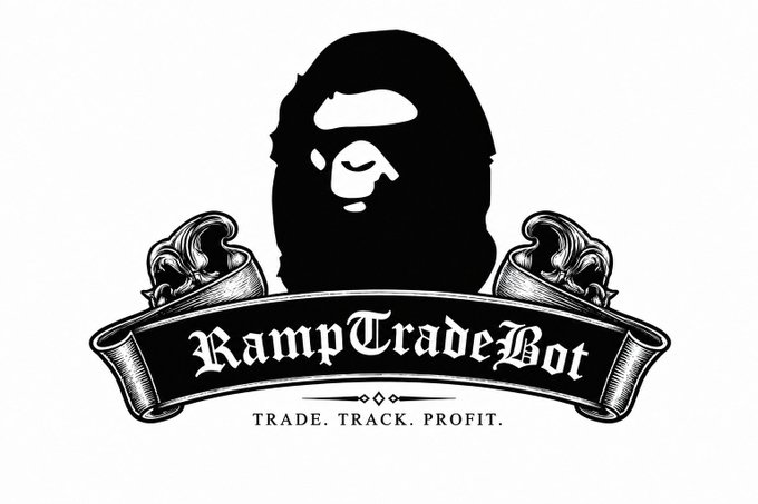 A black and white logo for 'RampTradeBot' featuring a BAPE-style ape head silhouette above a banner with the tagline 'TRADE. TRACK. PROFIT.'