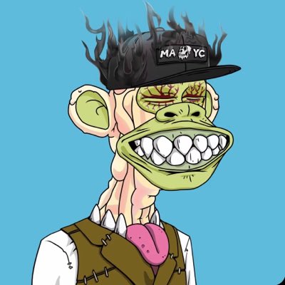 A cartoon ape wearing a black cap with the text "MAYC" (Mutant Ape Yacht Club) grins widely with its tongue out, fitting the post's "#NewProfilePic" featuring @BoredApeYC and @WelcomeApes. The "MAYC" cap directly references the Mutant Ape Yacht Club collection, one of the related NFT projects to Bored Ape Yacht Club.