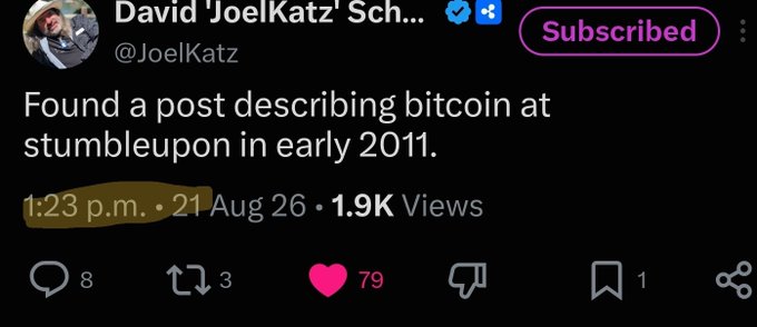 A screenshot of a tweet from David 'JoelKatz' Schwartz (@JoelKatz) reading "Found a post describing bitcoin at stumbleupon in early 2011," with 79 likes and 1.9K views. The tweet references the early history of Bitcoin, connecting to the accompanying post's claim that "XRP WILL FLIP BTC" by highlighting Bitcoin's longstanding presence since at least 2011.