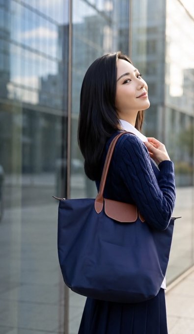 A young woman with long dark hair, wearing a navy sweater and carrying a matching tote bag, smiles softly while standing in front of a modern glass building, embodying a polished professional look that complements her role as a Community Manager reflecting on her first three months at Crypto.com.