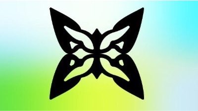A black butterfly-shaped logo with intricate cutouts displayed on a gradient background of green, white, and blue.
