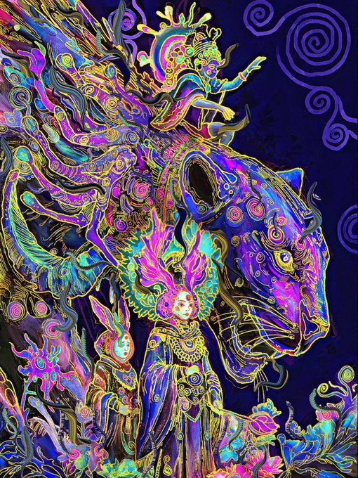 A vibrant, psychedelic digital illustration featuring colorful characters, swirling patterns, and a large ornate skull-like creature in shades of purple, pink, and yellow.