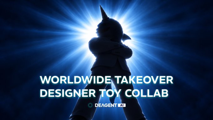 A silhouetted designer toy figure posed against a glowing blue radial light background with the text "WORLDWIDE TAKEOVER DESIGNER TOY COLLAB" and a "DEAGENT AI" logo.