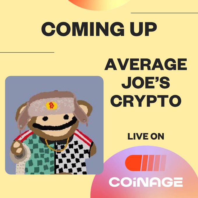 Promotional graphic reading 'COMING UP AVERAGE JOE'S CRYPTO LIVE ON COINAGE' featuring a cartoon character wearing a Bitcoin headband and checkered shirt.