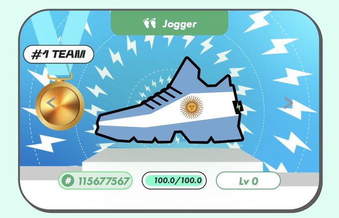 A fitness app screen showing a 'Jogger' achievement with a shoe graphic decorated with the Argentina flag, labeled '#1 TEAM!' with 115,677,567 steps.