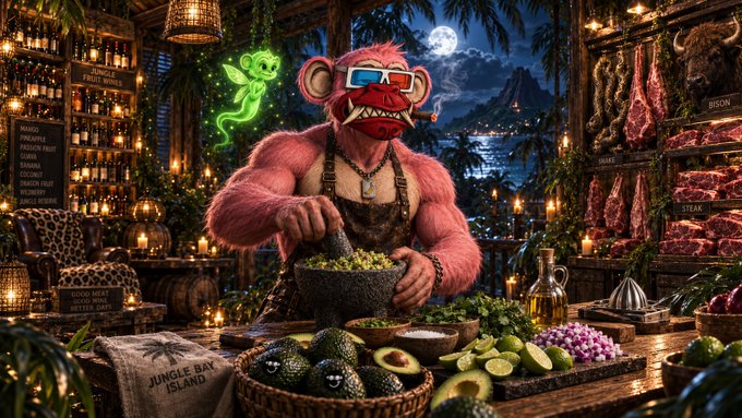 A pink, fanged monkey wearing an apron grinds guacamole in a mortar at "Jungle Bay Island," surrounded by hanging meats (labeled "Bison," "Shark," "Steer") and bottles of "Jungle Bay Fruit Wines," with a small green spirit floating beside him under a full moon—evoking the tropical, cryptid-fueled "Eat Me, Drink Me" resort branding behind $DRB and $BAYLA tokens.