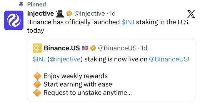 The image shows an advertisement from Binance US, which announces that they have officially launched $INJ staking with Binance as the underlying asset. The text states that it is now live on the U.S. market and that anyone can start earning right away by participating in this new initiative. A post on social media encourages users to enjoy weekly rewards and request to unsettle anything if they haven't done so already, informing them about the new Binance US staking system. The image focuses on the information provided in the text while drawing attention to the advertisement.