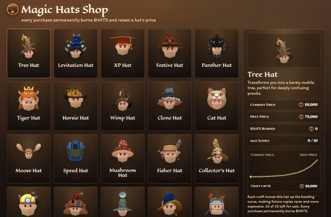 A 'Magic Hats Shop' interface displays various collectible hats like Tree Hat, Levitation Hat, and XP Hat with prices in SHATS, noting that purchases burn SHATS tokens.