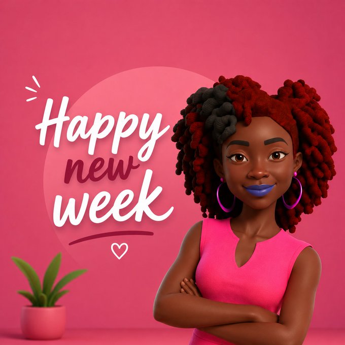 A vibrant 3D-rendered illustration features a confident Black woman with red and black locs, wearing a pink top and purple lipstick, standing with arms crossed beside the text "Happy new week" on a pink background with a small potted plant. The cheerful, motivational aesthetic and "Happy new week" greeting provide a warm, upbeat backdrop for the morning post discussing forward-thinking products and Tria's multichain approach.