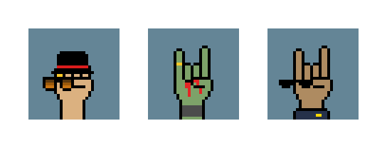 Three pixel-art style hands are shown: the left wears a black top hat with a red band and yellow glasses, the middle makes a rock-on gesture with a bleeding red eye, and the right makes the same gesture while holding a black cigarette.