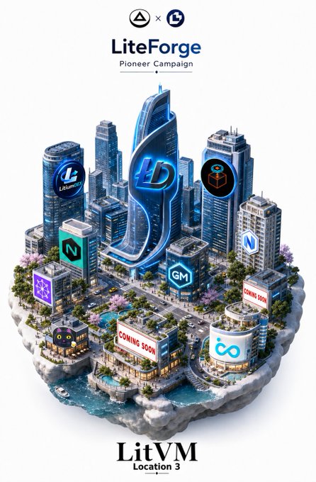 A promotional graphic for the "LiteForge Pioneer Campaign" featuring a futuristic 3D cityscape with logos for Arkada and LitecoinVM, along with several "Coming Soon" buildings, with "LitVM Location 3" displayed at the bottom—visually tying into the joint Arkada and LitecoinVM quest campaign encouraging exploration of the LitVM testnet.
