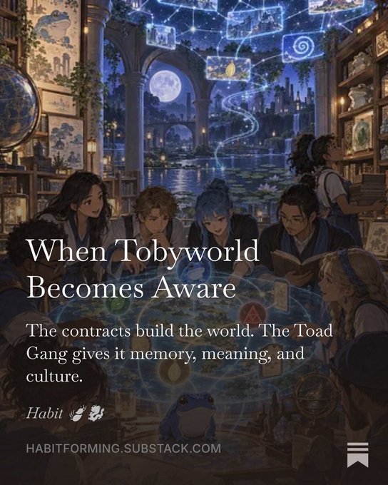 An illustration of diverse characters gathered around a table is overlaid with the text 'When Tobyworld Becomes Aware' and 'The contracts build the world. The Toad Gang gives it memory, meaning, and culture,' branding the image as from HABITFORMING.SUBSTACK.COM.
