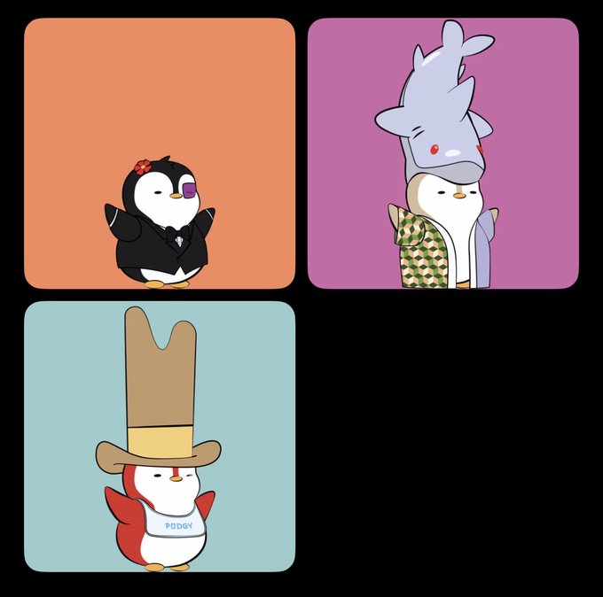 Three cute cartoon penguin characters displayed in colorful square frames: one in a tuxedo with a monocle, one wearing a whale hat with a patterned jacket, and one sporting a tall brown rabbit-ear hat with a 'PODGY' name tag.