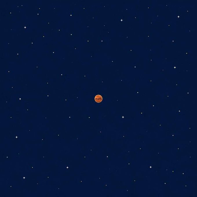 The image features a large, dark blue sky filled with numerous white stars scattered throughout. In the center of the image, there's an orange planet that stands out against the backdrop of the night sky. The caption "Zoom in." suggests that viewers should focus on this central object and explore its details or composition within the context of the image.