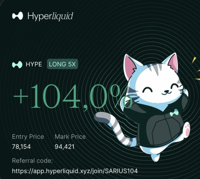 A celebratory Hyperliquid promotional graphic features a cheerful cartoon cat mascot in a black hoodie with a teal bowtie against a dark teal background with concentric circular patterns, showcasing a HYPE LONG 5X trade with a +104.0% gain from an entry price of 78,154 to a mark price of 94,421, alongside a referral code link (https://app.hyperliquid.xyz/join/SARIUS104), tying the all-time high excitement to the impressive long position returns.