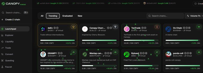 The image shows the Canopy Terminal interface displaying a "Launchpad" section featuring chains like deEx, Canopy Cherry, TenTrade, Ox Chain, GRAMPY, Martap, Ryobest, and panda coll, with metrics such as CNPY supply, bonding progress percentages, and 24-hour gains ranging from +0.4% to +62.4%. This visual directly supports the post by showcasing the Terminal's Launchpad, where users can browse and interact with projects being launched on the Canopy Network, rather than just reading about them.