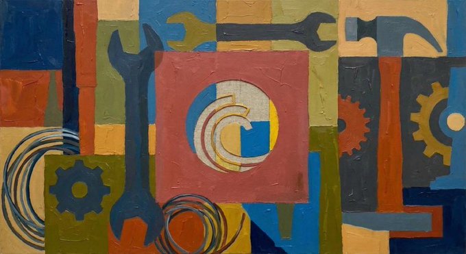A colorful painting depicting industrial tools like wrenches, hammers, and gears arranged around a central red square with the letter "C," symbolizing the construction and engineering of decentralized networks. The artwork visually reinforces BitTorrent's role in building the foundational protocols that enable borderless, frictionless communication and file sharing across the internet.