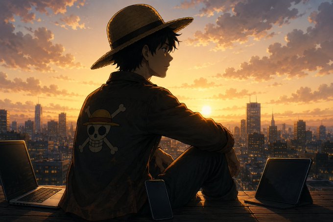 An anime-style illustration depicts a character wearing a straw hat and a black jacket with a Straw Hat Pirates skull emblem, sitting overlooking a city skyline at sunset with two laptops beside them.