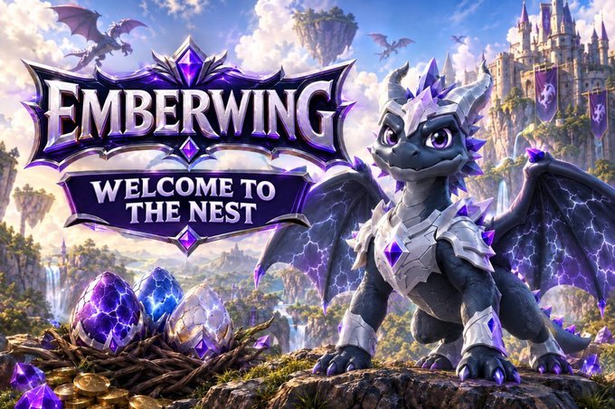A fantasy illustration features a purple dragon wearing crystalline armor perched on a cliff, with the title 'EMBERWING' and subtitle 'WELCOME TO THE NEST' displayed above nests of glowing eggs.