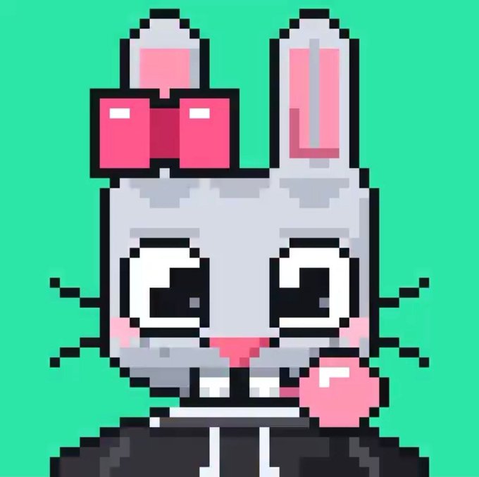 Pixel art of a white bunny with a pink bow and large eyes against a teal background.