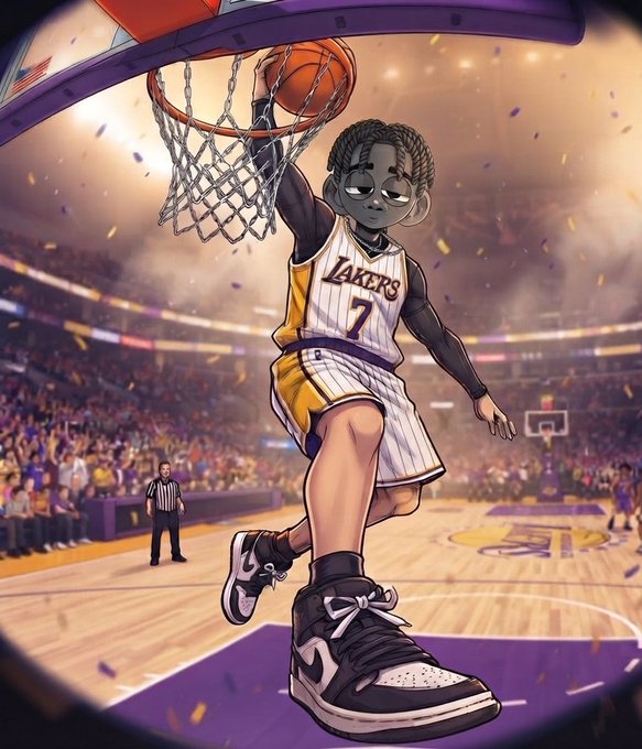 The image is a stylized, cartoonish illustration of a basketball player mid-dunk, wearing a white and gold Lakers jersey with the number 7, soaring toward the rim in a packed arena with confetti falling. While the post promotes supporting friends with the caption "it cost $0 to support mutuals," the image doesn't directly depict that message—instead, it conveys a triumphant, celebratory vibe of athletic success that aligns metaphorically with "dunking" or dominating on and off the court.