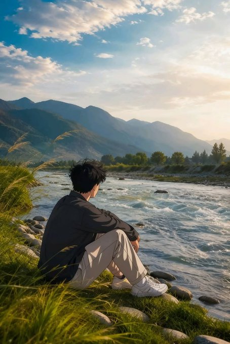 An anime-style illustration shows a young person with dark hair sitting on a grassy riverbank, gazing out at a flowing river surrounded by distant mountains under a partly cloudy sky.