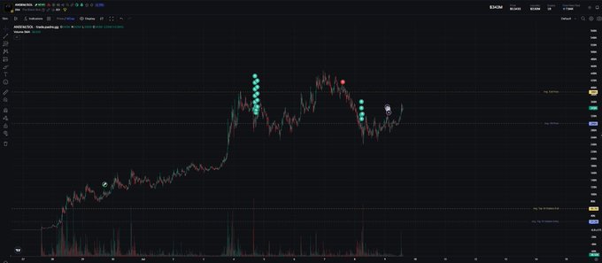 A cryptocurrency trading chart from Binance displays the price action with multiple DCA (Dollar-Cost Averaging) entry points marked by green dots clustered around a previous peak area, corresponding to the user's $ANSEM portfolio update showing their accumulation strategy during price consolidation.