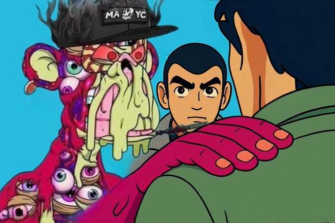 A vibrant, cartoon-style artwork features a character in a cap labeled "MADYC" (with a skull logo) standing beside a grotesque, multi-eyed monster covered in oozing slime and pink tendrils. The post's "rise and shine" greeting ties into the chaotic, surreal scene, possibly symbolizing a wild wake-up to the crypto markets (MADYC likely referencing MadYC token).